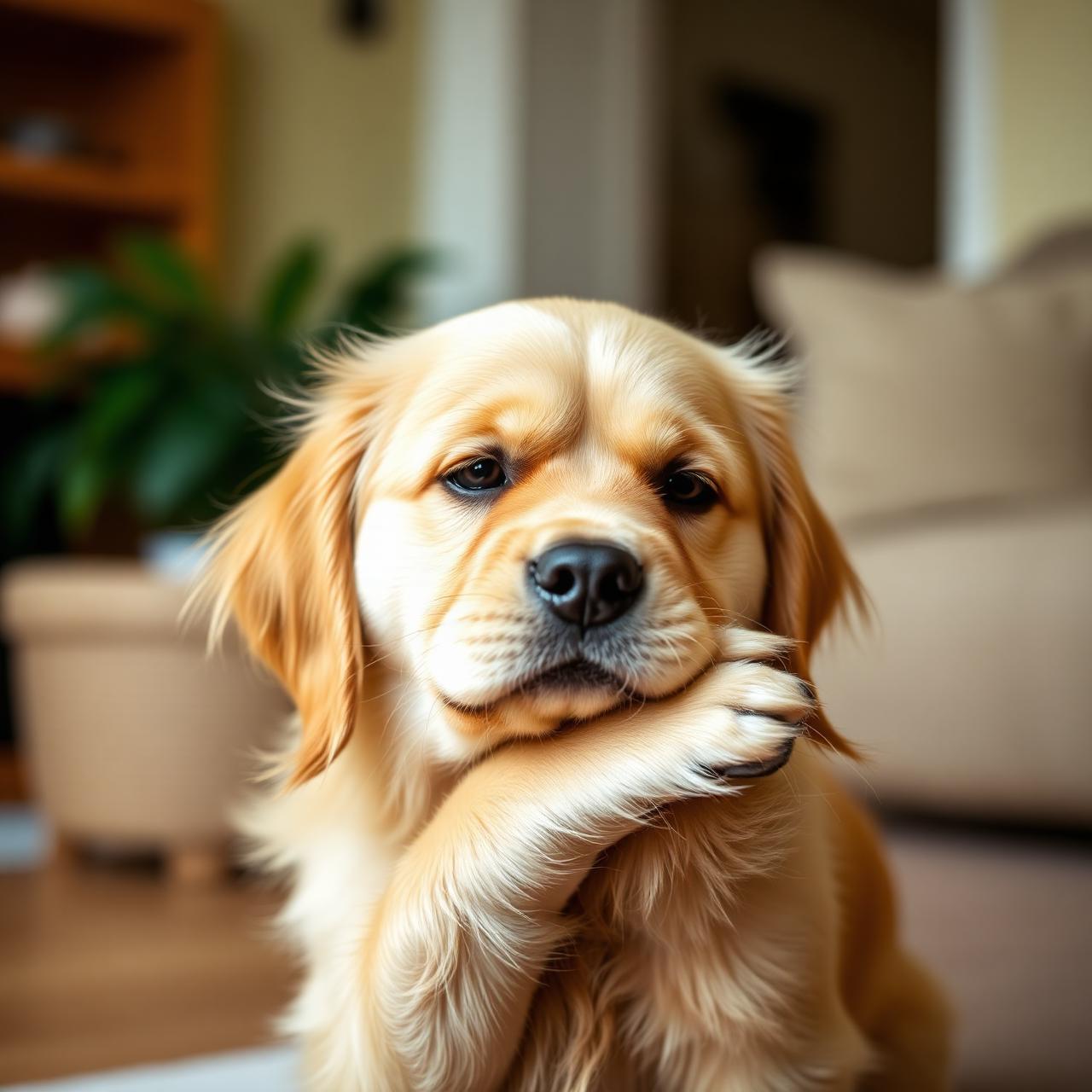 Cachorro golden retriever com expressão de desconforto coçando a pata